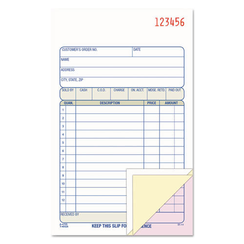 Carbonless Sales Order Book, Three-part Carbonless, 4-3-16 X 7 3-16, 50 Sheets