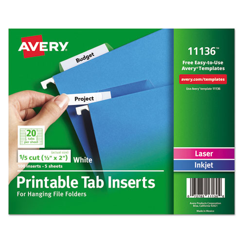 Tabs Inserts For Hanging File Folders, 1-5-cut Tabs, White, 2