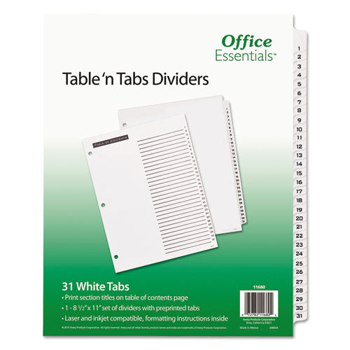 Table 'n Tabs Dividers, 31-tab, 1 To 31, 11 X 8.5, White, 1 Set