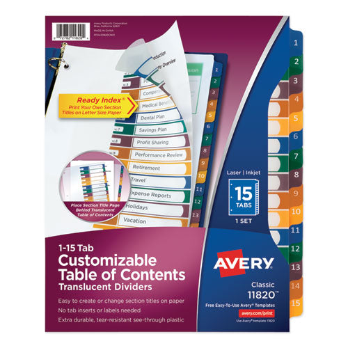 Customizable Table Of Contents Ready Index Dividers With Multicolor Tabs, 15-tab, 1 To 15, 11 X 8.5, Translucent, 1 Set