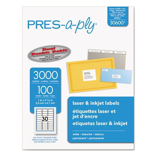 Labels, Laser Printers, 1 X 2.63, White, 30-sheet, 100 Sheets-box