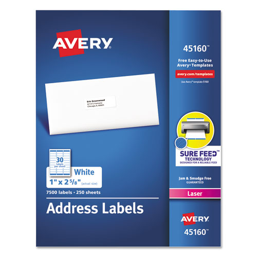 White Address Labels W- Sure Feed Technology For Laser Printers, Laser Printers, 1 X 2.63, White, 30-sheet, 250 Sheets-box