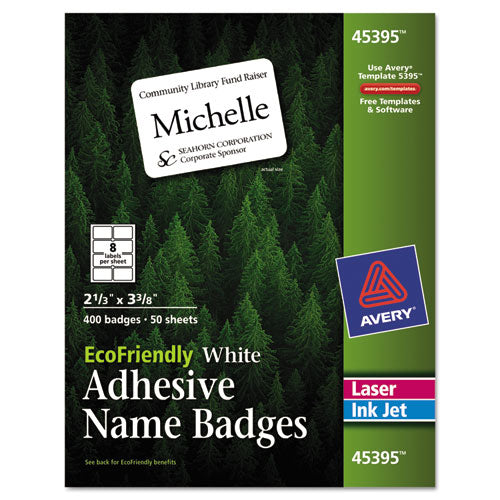 Ecofriendly Adhesive Name Badge Labels, 3.38 X 2.33, White, 400-box