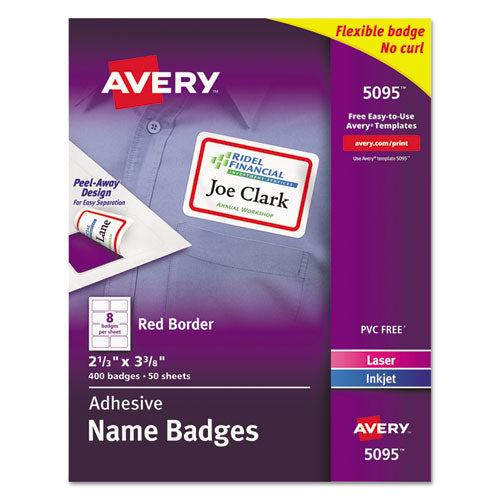 Flexible Adhesive Name Badge Labels, 3.38 X 2.33, White-red Border, 400-box