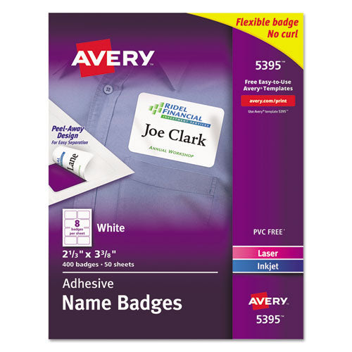 Flexible Adhesive Name Badge Labels, 3.38 X 2.33, White, 400-box