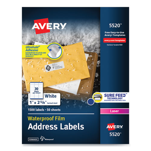 Waterproof Address Labels With Trueblock And Sure Feed, Laser Printers, 1 X 2.63, White, 30-sheet, 50 Sheets-pack