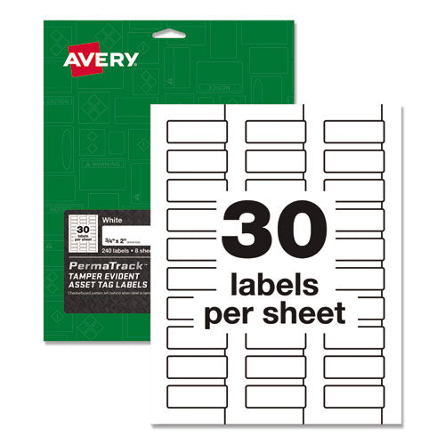 Permatrack Tamper-evident Asset Tag Labels, Laser Printers, 0.75 X 2, White, 30-sheet, 8 Sheets-pack