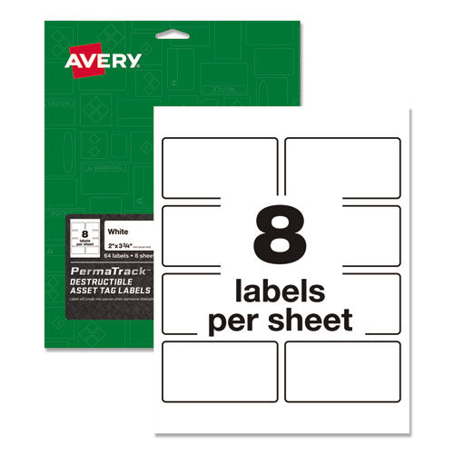 Permatrack Destructible Asset Tag Labels, Laser Printers, 2 X 3.75, White, 8-sheet, 8 Sheets-pack