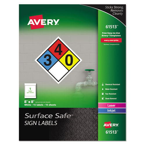 Surface Safe Removable Label Safety Signs, Inkjet-laser Printers, 8 X 8, White, 15-pack