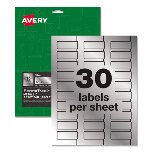 Permatrack Metallic Asset Tag Labels, Laser Printers, 0.75 X 2, Metallic Silver, 30-sheet, 8 Sheets-pack