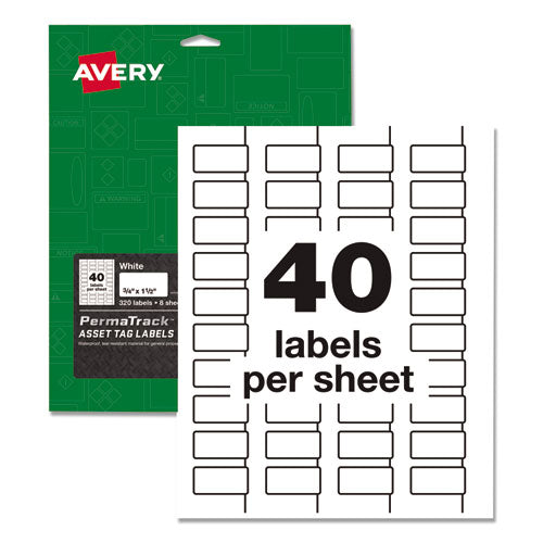 Permatrack Durable White Asset Tag Labels, Laser Printers, 0.75 X 1.5, White, 40-sheet, 8 Sheets-pack