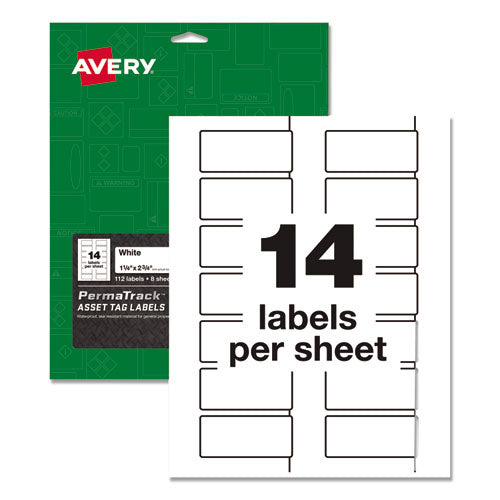 Permatrack Durable White Asset Tag Labels, Laser Printers, 1.25 X 2.75, White, 14-sheet, 8 Sheets-pack