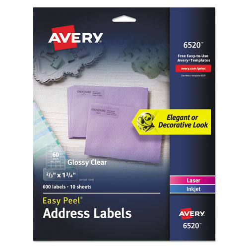 Glossy Clear Easy Peel Mailing Labels W- Sure Feed Technology, Inkjet-laser Printers, 0.66 X 1.75, 60-sheet, 10 Sheets-pk