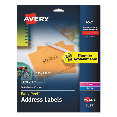 Glossy Clear Easy Peel Mailing Labels W- Sure Feed Technology, Inkjet-laser Printers, 1 X 2.63, 30-sheet, 10 Sheets-pack