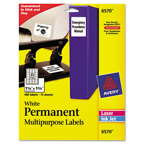 Permanent Id Labels W- Sure Feed Technology, Inkjet-laser Printers, 1.25 X 1.75, White, 32-sheet, 15 Sheets-pack