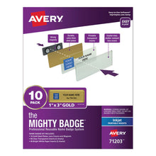 Load image into Gallery viewer, The Mighty Badge Name Badge Holder Kit, Horizontal, 3 X 1, Inkjet, Gold, 10 Holders- 80 Inserts
