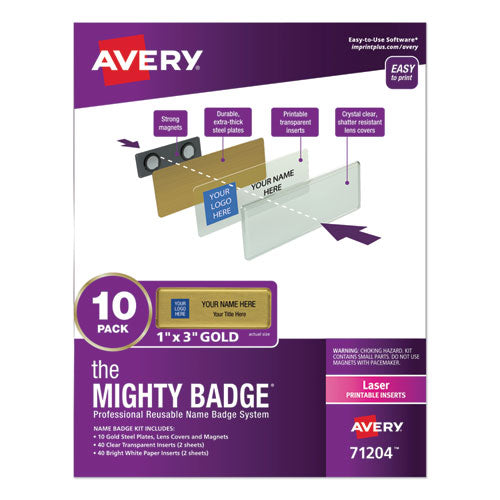 The Mighty Badge Name Badge Holder Kit, Horizontal, 3 X 1, Laser, Gold, 10 Holders- 80 Inserts