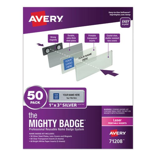 The Mighty Badge Name Badge Holder Kit, Horizontal, 3 X 1, Laser, Silver, 50 Holders-120 Inserts