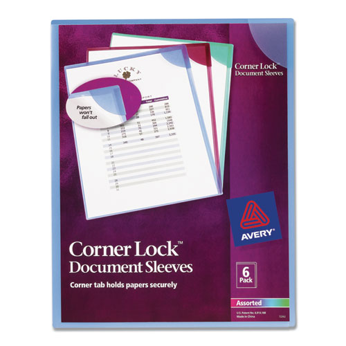 Corner Lock Document Sleeves, Letter Size, Assorted Colors, 6-pack