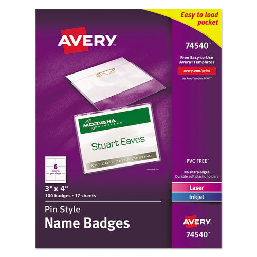 Pin-style Badge Holder With Laser-inkjet Insert, Top Load, 4 X 3, White, 100-box