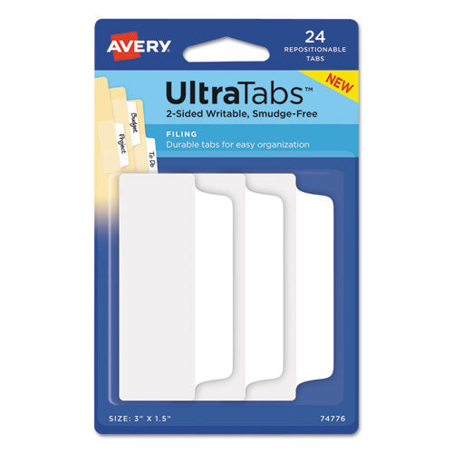 Ultra Tabs Repositionable Wide Tabs, 1-3-cut Tabs, White, 3