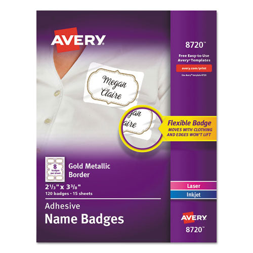 Flexible Adhesive Name Badge Labels, 3 3-8 X 2 1-3, White-gold Border, 120-pk