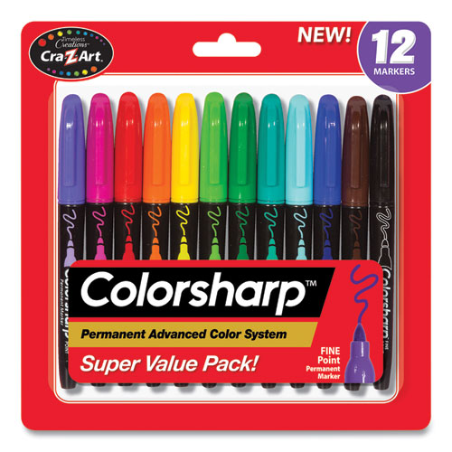Colorsharp Permanent Markers, Fine Bullet Tip, Assorted Colors, 12-set