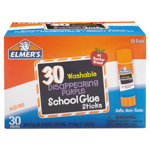 Washable School Glue Sticks, 0.24 Oz, Applies Purple, Dries Clear, 30-box
